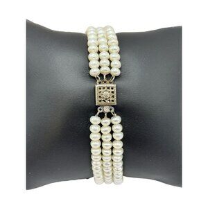 Art Deco Bracelet‎ Diamond Chip Sterling Silver Freshwater Pearl Triple Strand